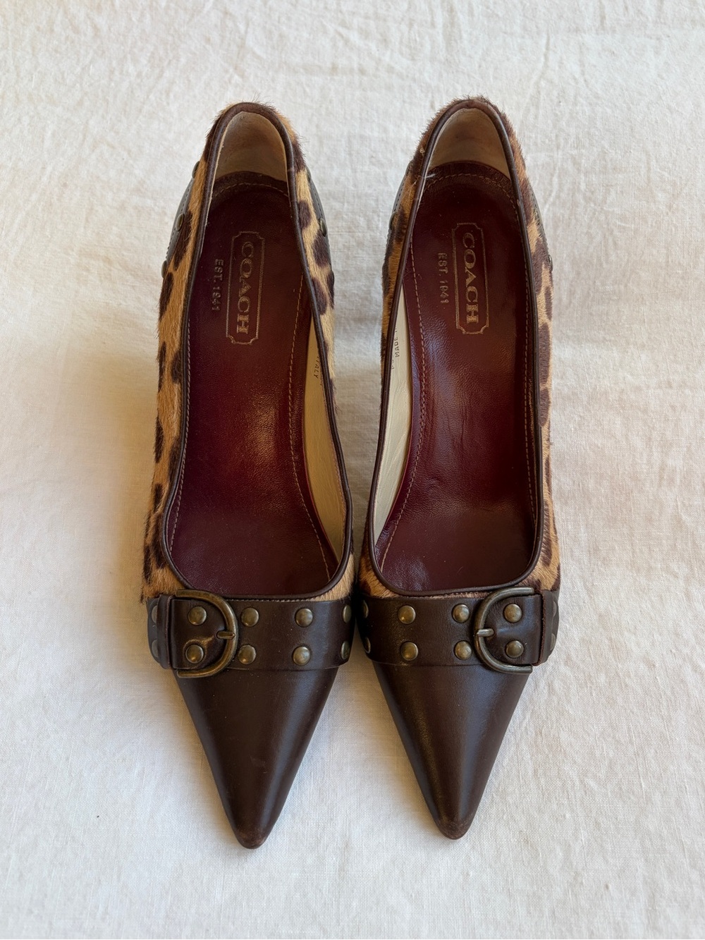Vintage Coach Leopard Pony Calf Hair Buckle Pointy Toe Heels Brown